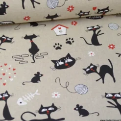 Tissu toile aspect lin motifs Chats et pelotes de laine - OEKO TEX
