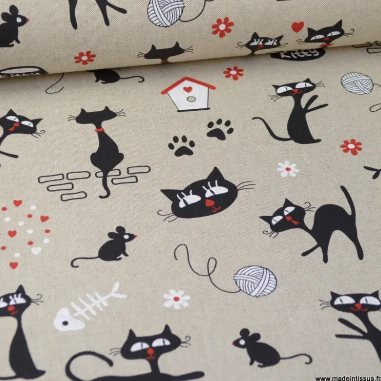 Tissu toile aspect lin motifs Chats et pelotes de laine - OEKO TEX