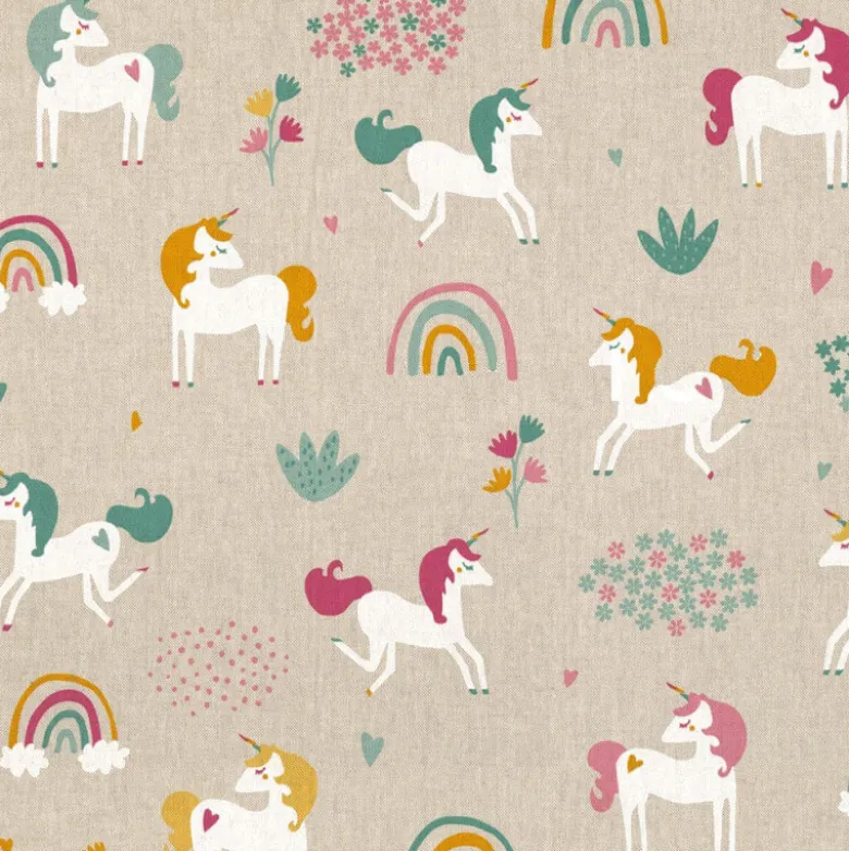 Tissu toile aspect lin motifs Licorne - OEKO TEX