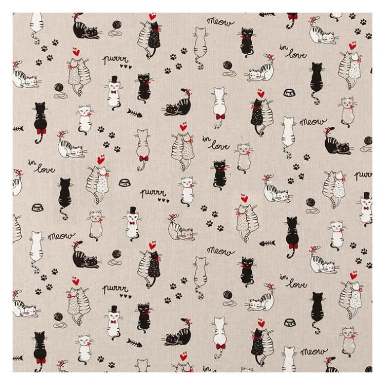 Tissu toile aspect lin motifs Chats - OEKO TEX