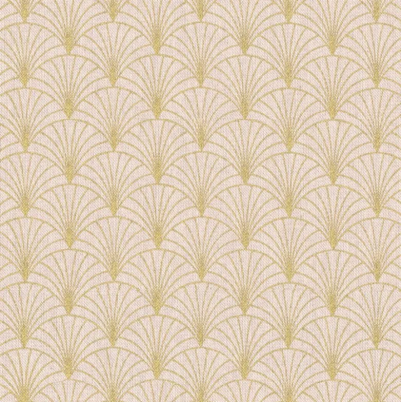 Tissu toile aspect lin motifs éventails Lurex Or fond Rose