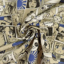 Tissu toile aspect lin motifs Manga indigo