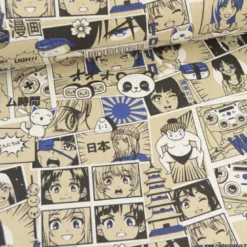 Tissu toile aspect lin motifs Manga indigo
