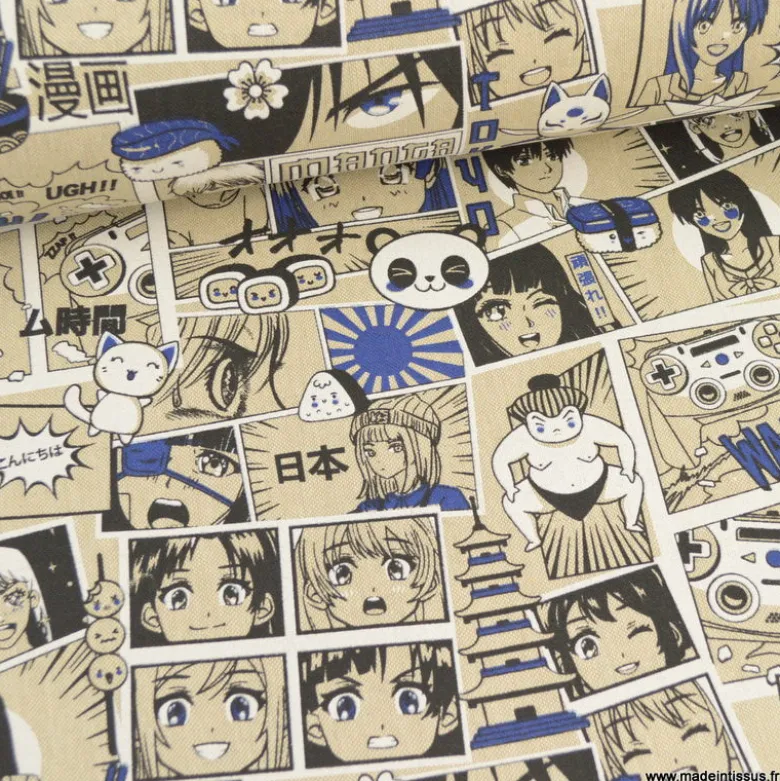 Tissu toile aspect lin motifs Manga indigo