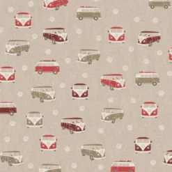 Tissu toile aspect lin motifs Vans et combis rouge Volkswagen - OEKO TEX