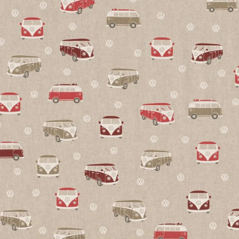 Tissu toile aspect lin motifs Vans et combis rouge Volkswagen - OEKO TEX