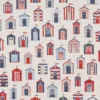 Tissu toile aspect lin motifs cabanes de plage bleues et rouges - OEKO TEX
