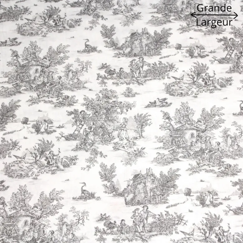 Tissu Toile de Jouy mini pastorale Gris et blanc - Grande Largeur