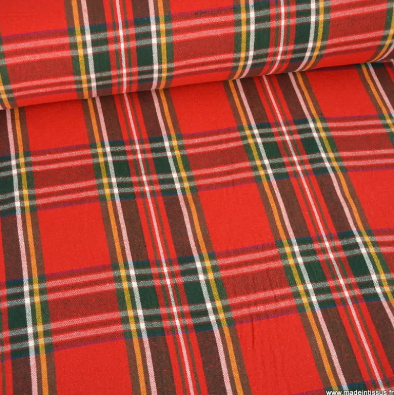 Tissu toile demi natté Ecossais rouge et vert