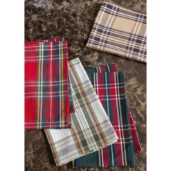 Tissu toile demi natté Ecossais vert et rouge