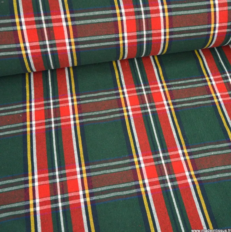 Tissu toile demi natté Ecossais vert et rouge