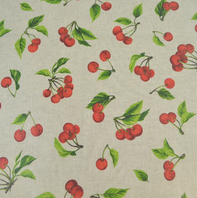 Tissu toile enduite aspect lin motif cerises