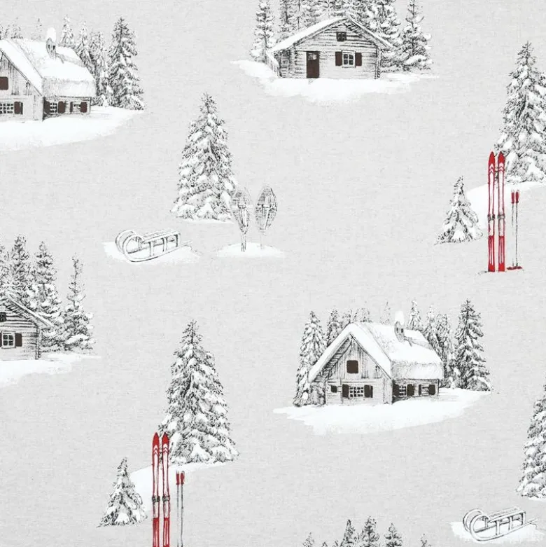Tissu toile Houches motif chalets, sapins et ski montagne - Naturel