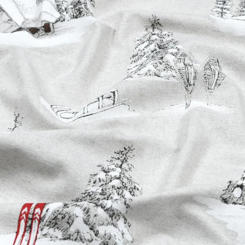 Tissu toile Houches motif chalets, sapins et ski montagne - Naturel