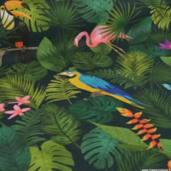 Tissu toile motif tropical perroquets & flamants roses