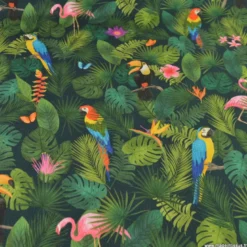 Tissu toile motif tropical perroquets & flamants roses