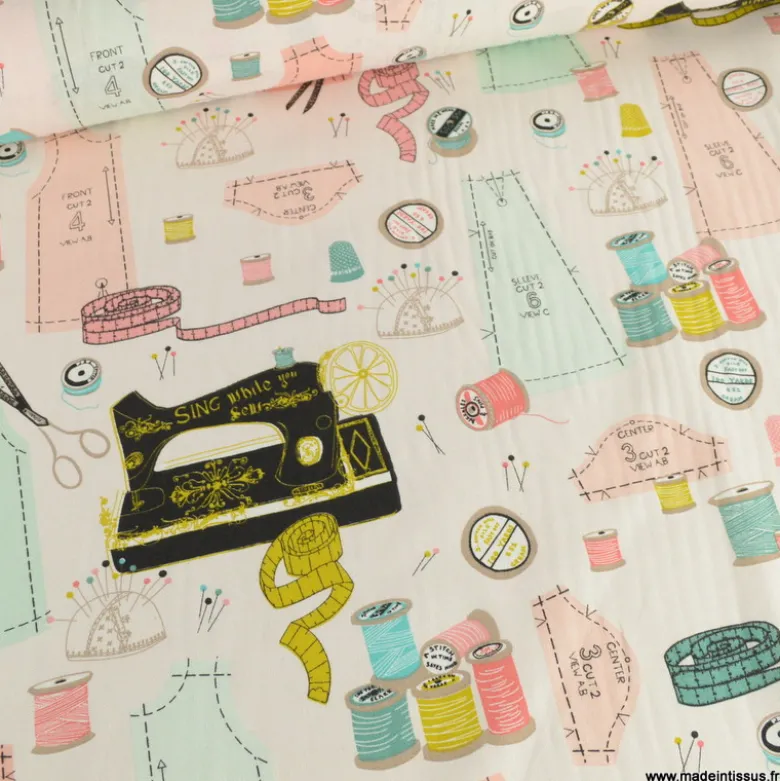 Tissu toile sewing aspect lin motif machine à coudre et couture - OEKO TEX