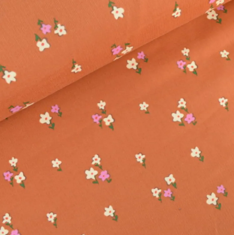 Tissu velours milleraies Joyflo motif fleurs rouille et écru - OEKO TEX