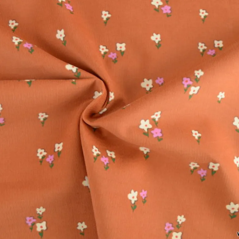 Tissu velours milleraies Joyflo motif fleurs rouille et écru - OEKO TEX