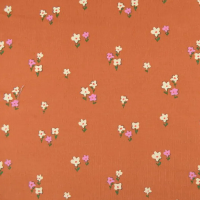 Tissu velours milleraies Joyflo motif fleurs rouille et écru - OEKO TEX