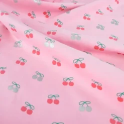 Tissu velours milleraies Poppy motif cerises foil fond rose - OEKO TEX
