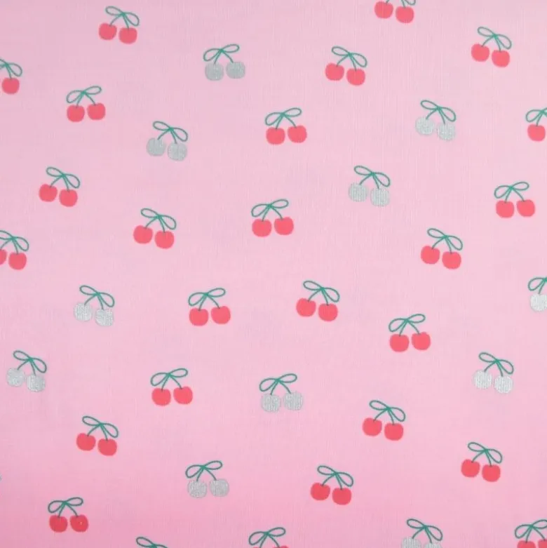 Tissu velours milleraies Poppy motif cerises foil fond rose - OEKO TEX