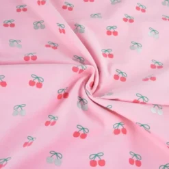 Tissu velours milleraies Poppy motif cerises foil fond rose - OEKO TEX