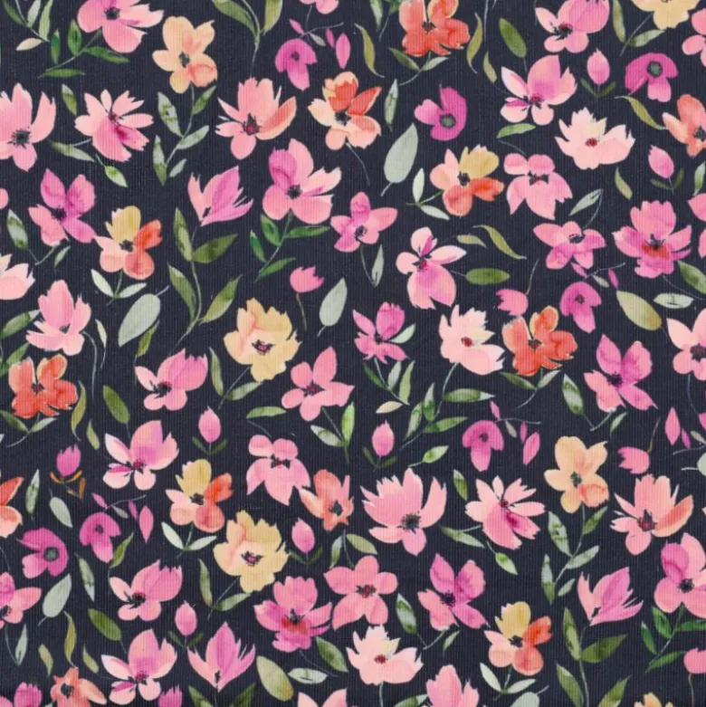 Tissu velours milleraies Poppy motif fleurs fond marine - OEKO TEX