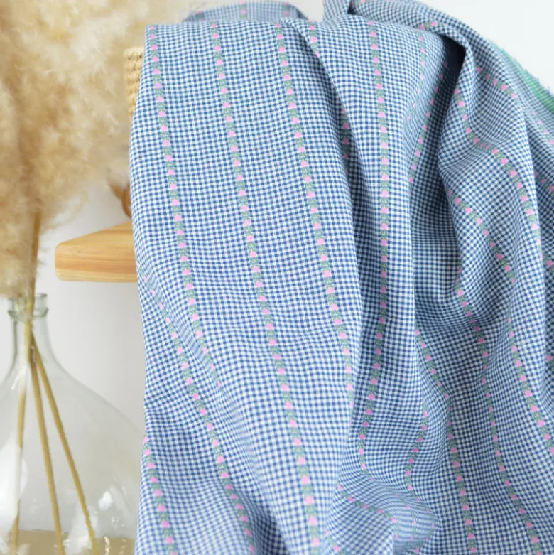 Tissu vichy et rayures jacquard - motif fleurs