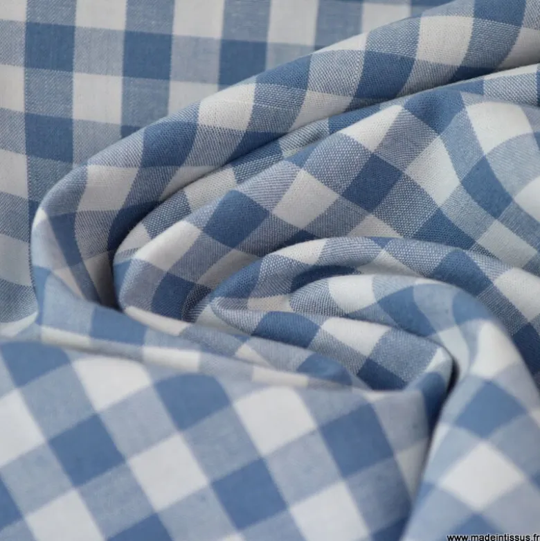 Tissu vichy grands carreaux sur Popeline coloris bleu jean Denim - OEKO TEX