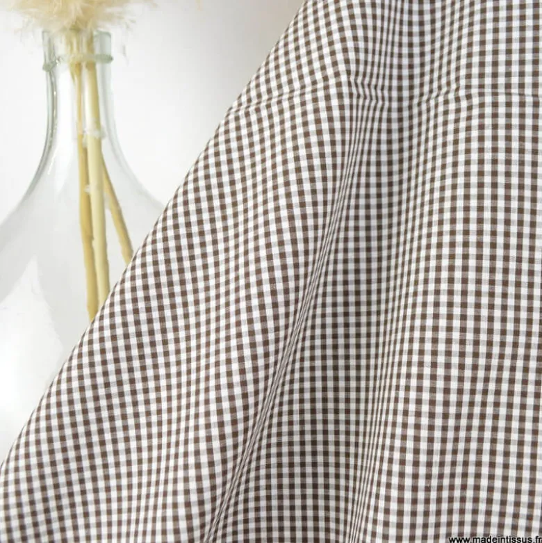 Tissu vichy petits carreaux marron et blanc - OEKO TEX
