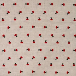 Tissu viscose lin brodé cerises rouges - fond sable