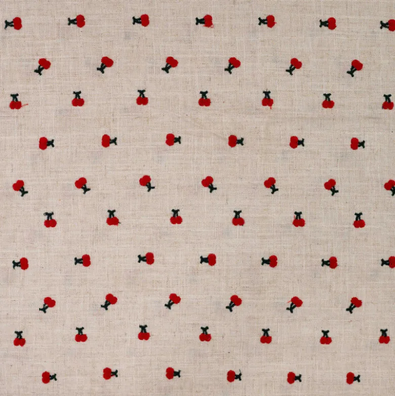 Tissu viscose lin brodé cerises rouges - fond sable