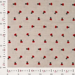 Tissu viscose lin brodé cerises rouges - fond sable