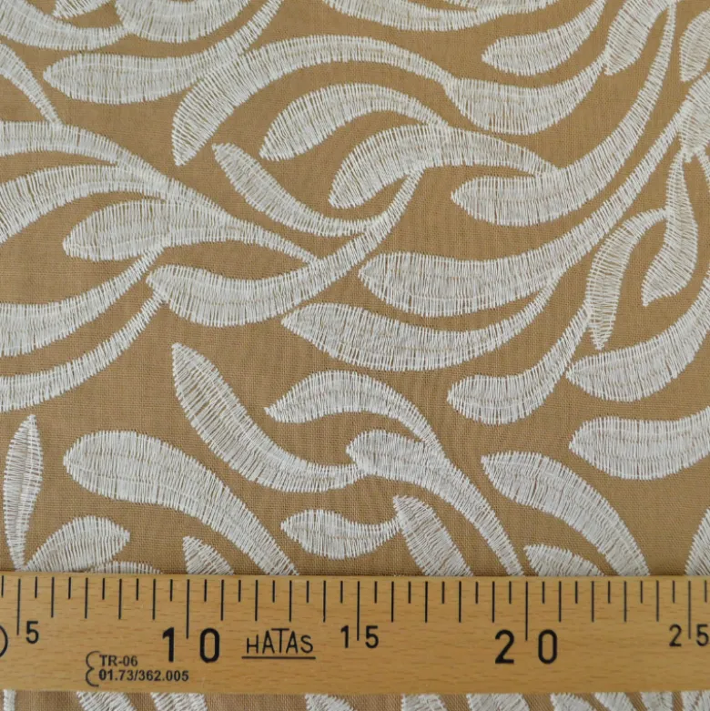 Tissu viscose lin brodé & festonné - Beige