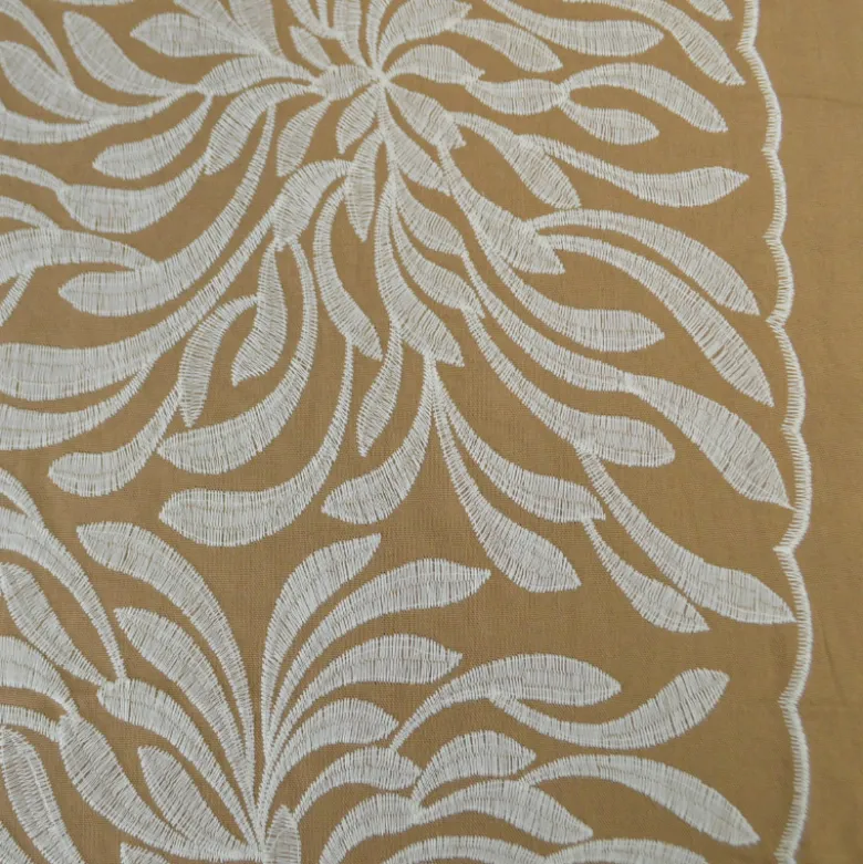 Tissu viscose lin brodé & festonné - Beige