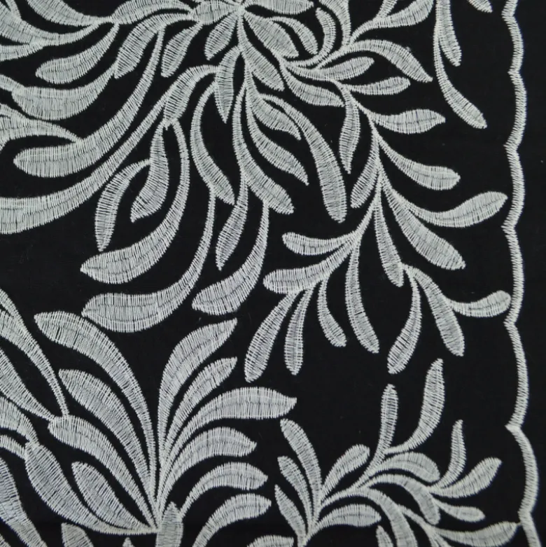 Tissu viscose lin brodé & festonné - Noir