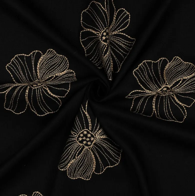 Tissu viscose lin motif fleurs sables fond noir