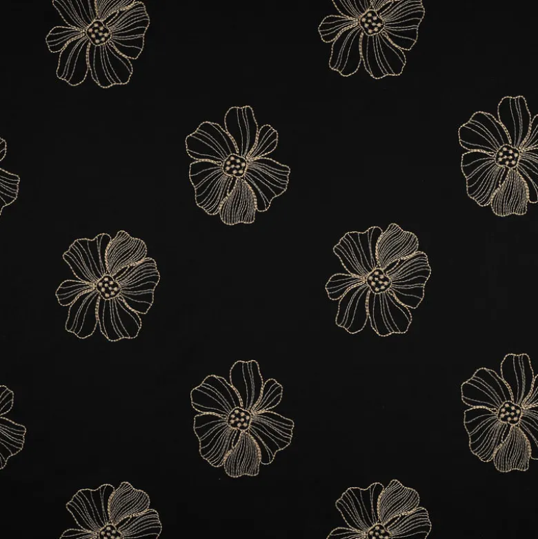 Tissu viscose lin motif fleurs sables fond noir