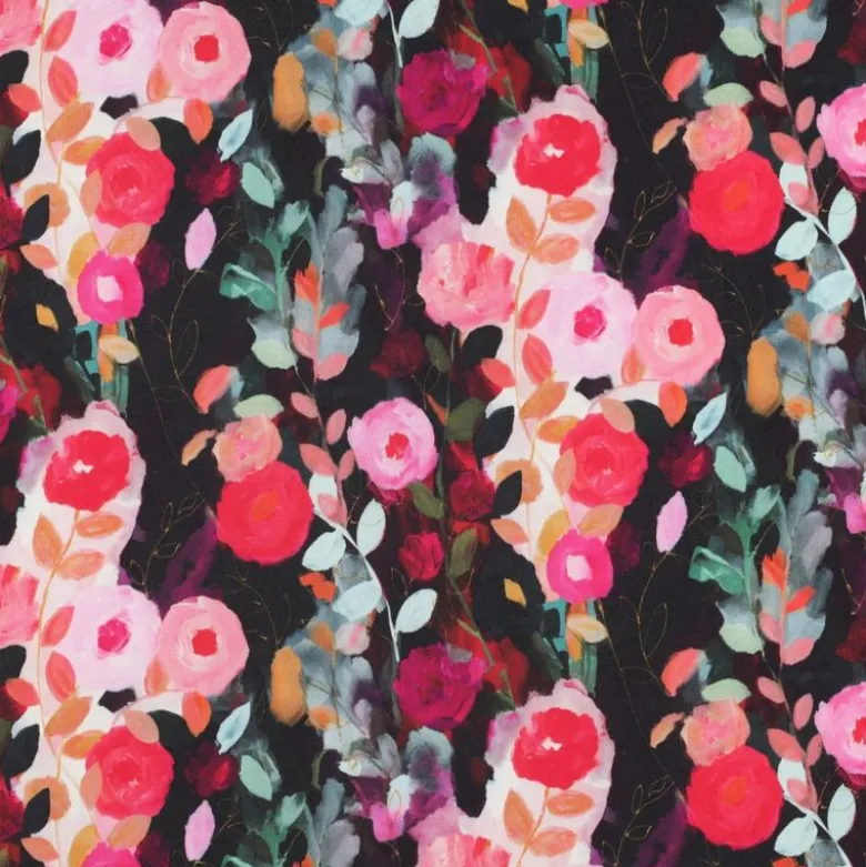 Tissu viscose motif fleurs roses et fuchsia fond Noir