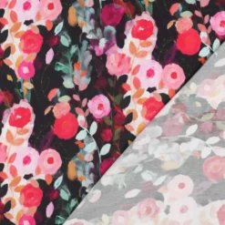 Tissu viscose motif fleurs roses et fuchsia fond Noir