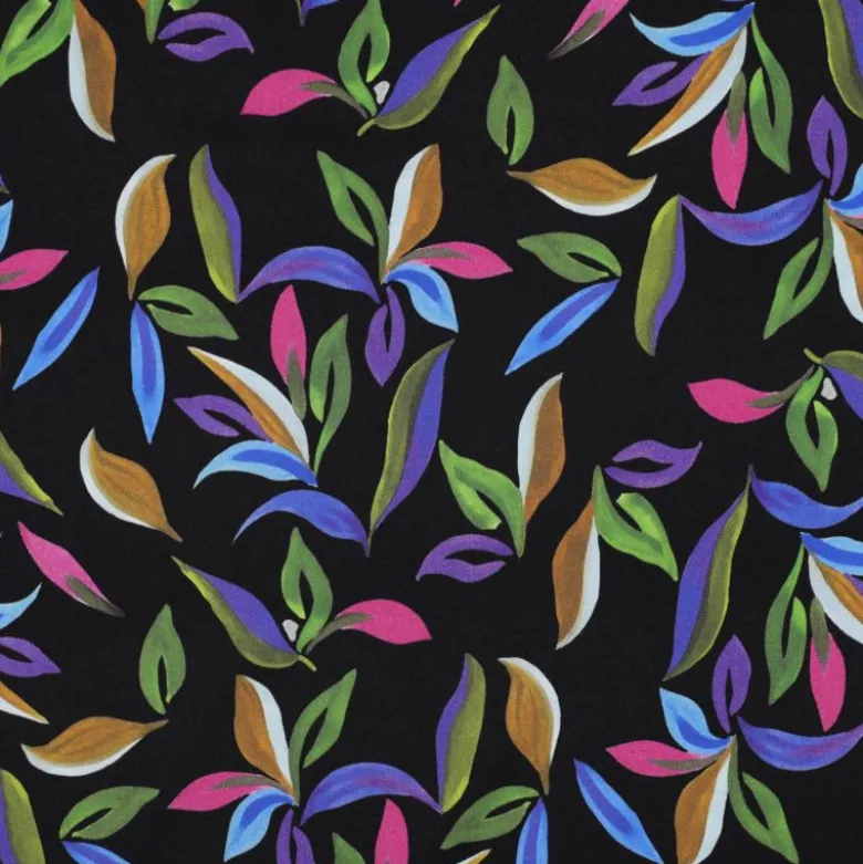 Tissu viscose stretch motif feuillage bleu vert fond noir