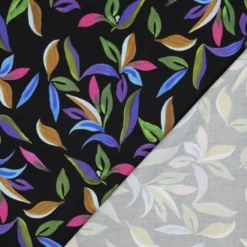 Tissu viscose stretch motif feuillage bleu vert fond noir