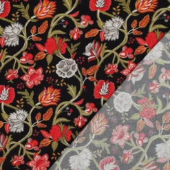 Tissu viscose stretch motif fleurs rouges fond noir