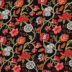Tissu viscose stretch motif fleurs rouges fond noir