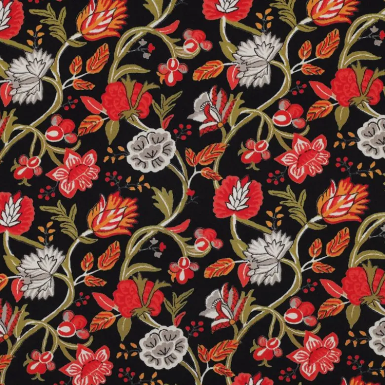 Tissu viscose stretch motif fleurs rouges fond noir
