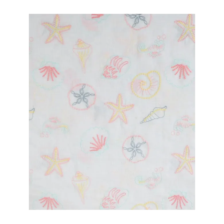 Tissu voile de coton brodé Coquillages fond blanc