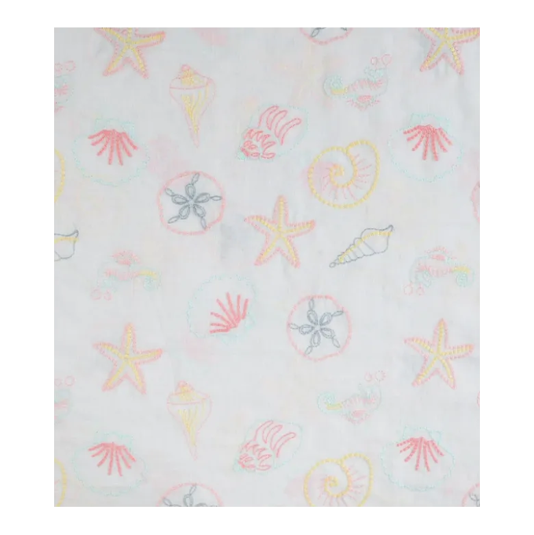 Tissu voile de coton brodé Coquillages fond blanc