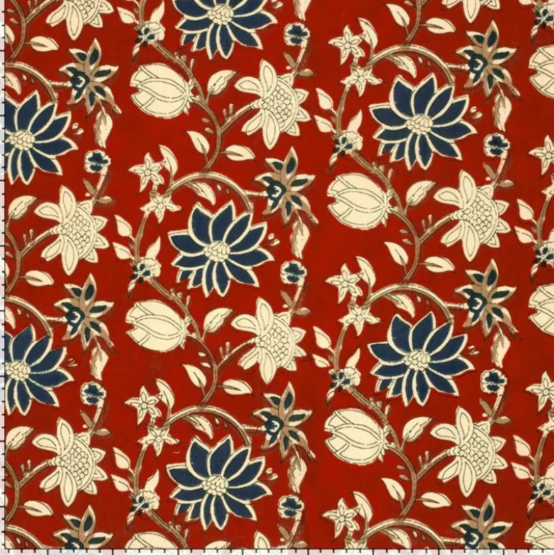 Tissu voile de coton indien Chandra Bagh – fond rouge & fleurs indigo