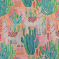 Tissu voile de coton motif cactus et lamas - corail